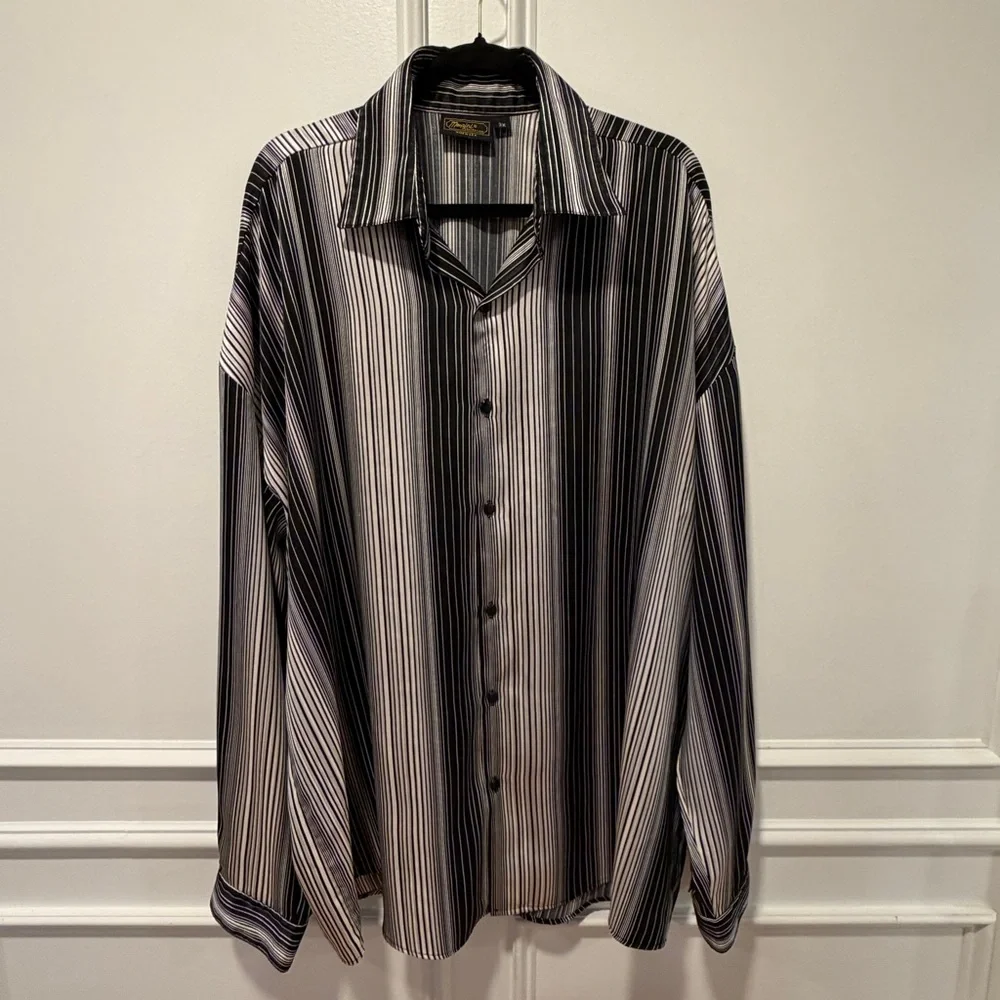 Monzini Collection Men's Shirt Size 3X Black White Striped Long Sleeve‎